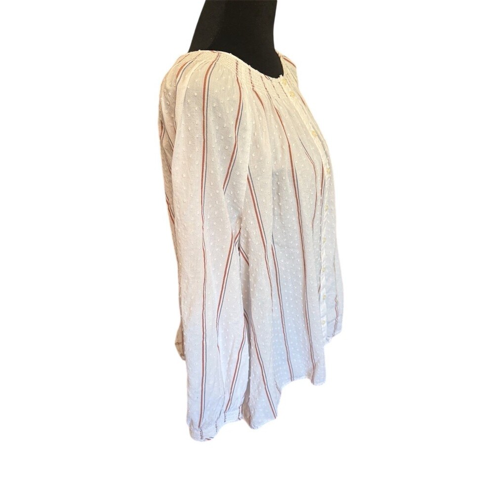 Madewell Blouse Womens 2XL Ivory Striped Swiss Dot Smocked Boho Henley - Picture 3 of 8